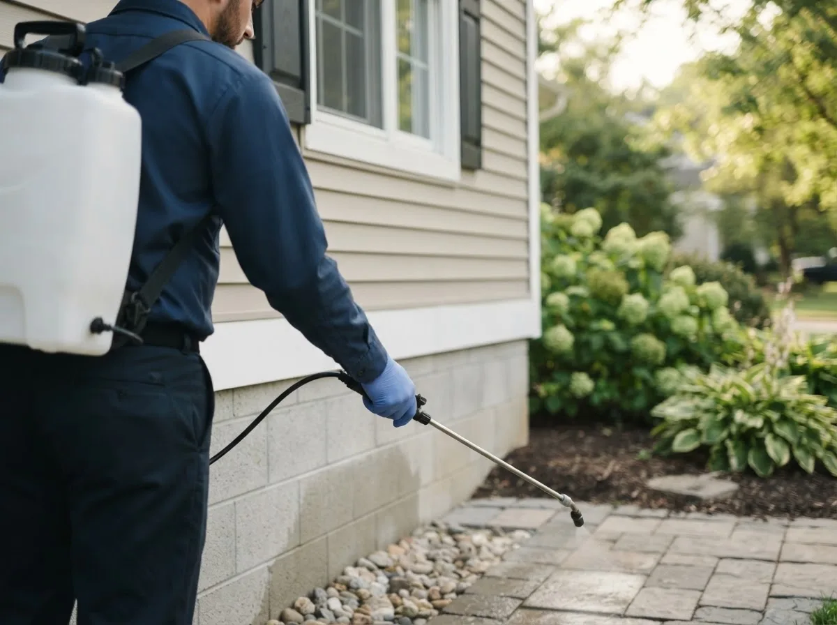 Pest control technician inspecting a home in Bode, IA